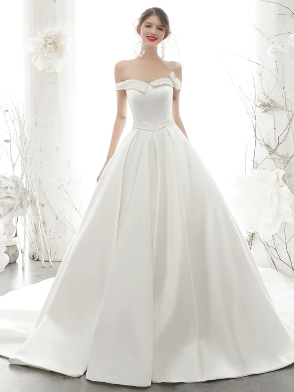 High-end Ivory Satin Wedding Dresses 2020 A-Line / Princess Off-The-Shoulder Pearl Sleeveless Backless Royal Train