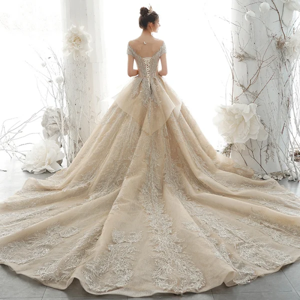 Luxury / Gorgeous High-end Champagne Wedding Dresses 2020 Ball Gown Beading Pearl Rhinestone Lace Flower Scoop Neck Short Sleeve Backless Royal Train