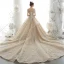 Luxury / Gorgeous High-end Champagne Wedding Dresses 2020 Ball Gown Beading Pearl Rhinestone Lace Flower Scoop Neck Short Sleeve Backless Royal Train