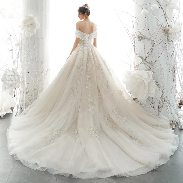 Luxury / Gorgeous Champagne Wedding Dresses 2020 A-Line / Princess Off-The-Shoulder Beading Pearl Sequins Lace Flower Appliques Short Sleeve Backless Royal Train