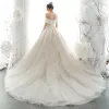 Luxury / Gorgeous Champagne Wedding Dresses 2020 A-Line / Princess Off-The-Shoulder Beading Pearl Sequins Lace Flower Appliques Short Sleeve Backless Royal Train