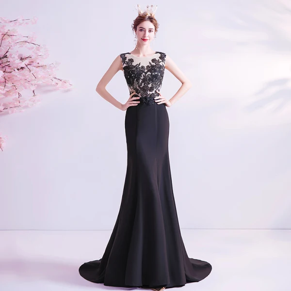 Elegant Black Evening Dresses 2020 Trumpet / Mermaid Scoop Neck Lace Flower Sleeveless Sweep Train Formal Dresses