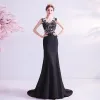 Elegant Black Evening Dresses  2020 Trumpet / Mermaid Scoop Neck Lace Flower Sleeveless Sweep Train Formal Dresses