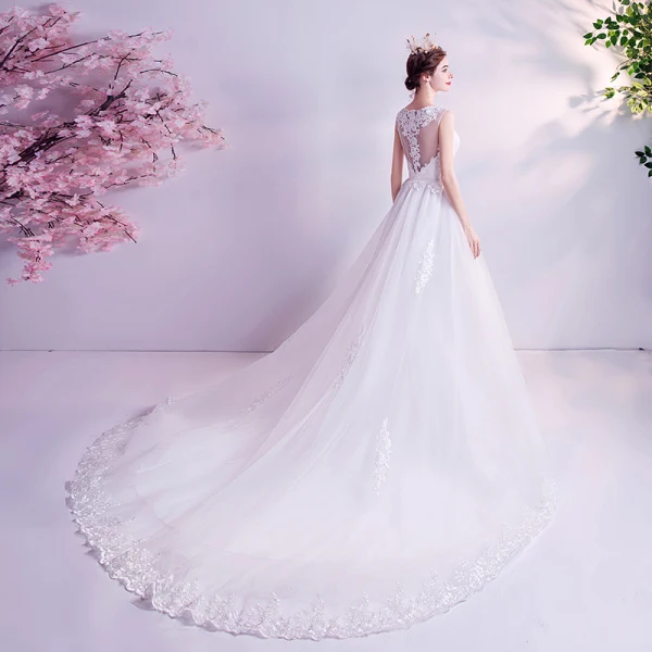 Abordable Ivoire Robe De Mariée 2020 Princesse Encolure Dégagée En Dentelle Fleur Sans Manches Chapel Train