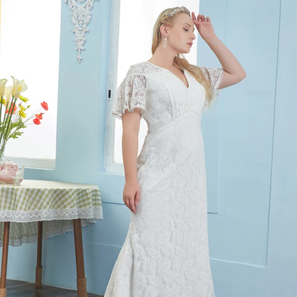 Modest / Simple Ivory Plus Size Wedding Dresses 2021 Trumpet / Mermaid V-Neck Lace Flower Short Sleeve Floor-Length / Long Wedding