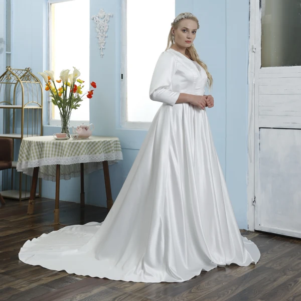 Schlicht Ivory / Creme Satin Plus Größe Brautkleider / Hochzeitskleider 2021 A Linie Eckiger Ausschnitt 3/4 Ärmel Hof-Schleppe Hochzeit