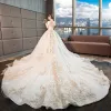 Chic / Beautiful Champagne Wedding Dresses 2018 Ball Gown Lace Flower Beading Crystal Sequins Off-The-Shoulder Backless Sleeveless Royal Train Wedding