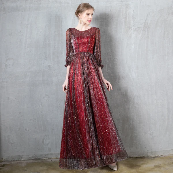 Charming Burgundy Evening Dresses 2020 A-Line / Princess Scoop Neck Star Sequins Ruffle 3/4 Sleeve Floor-Length / Long Formal Dresses