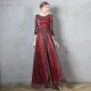 Charming Burgundy Evening Dresses  2020 A-Line / Princess Scoop Neck Star Sequins Ruffle 3/4 Sleeve Floor-Length / Long Formal Dresses
