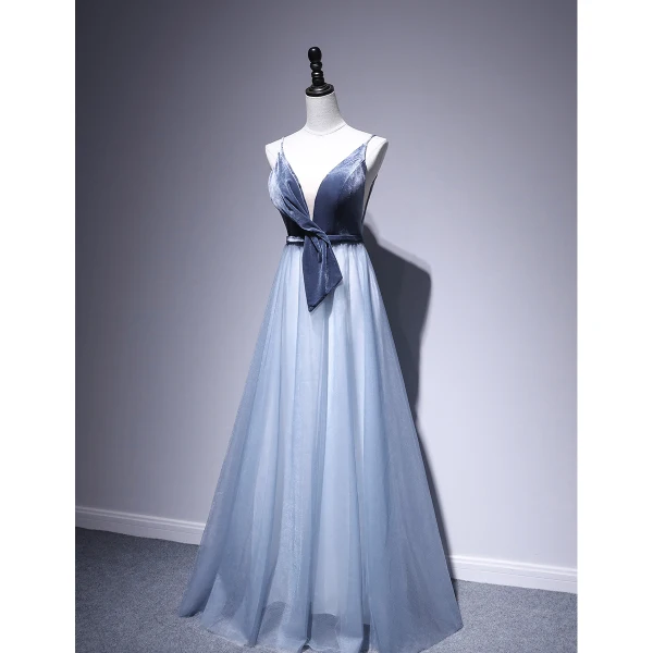 Chic / Belle Bleu D'encre Robe De Soirée 2020 Princesse Daim Bretelles Spaghetti Sans Manches Dos Nu Longue Robe De Ceremonie
