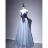Chic / Beautiful Ink Blue Evening Dresses  2020 A-Line / Princess Suede Spaghetti Straps Sleeveless Backless Floor-Length / Long Formal Dresses