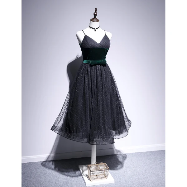 Fashion Black Homecoming Spotted Little Black Dress 2020 A-Line / Princess Spaghetti Straps Suede Bow Sleeveless Backless Tea-length Graduation Dresses