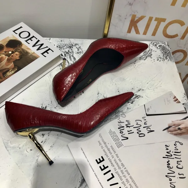 Classy Burgundy Evening Party Leather Pumps 2020 Snakeskin Print 7 cm Stiletto Heels Pointed Toe Pumps