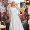 Schlicht Ivory / Creme Satin Übergröße Brautkleider / Hochzeitskleider 2021 A Linie V-Ausschnitt 1/2 Ärmel Lange Hochzeit