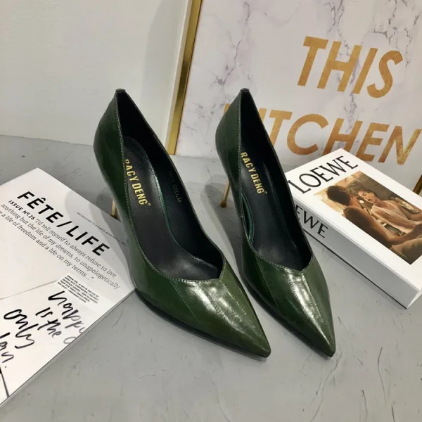 Schöne Dunkelgrün Strassenmode Leder Pumps 2020 Spitzschuh 7 cm Stilettos Pumps