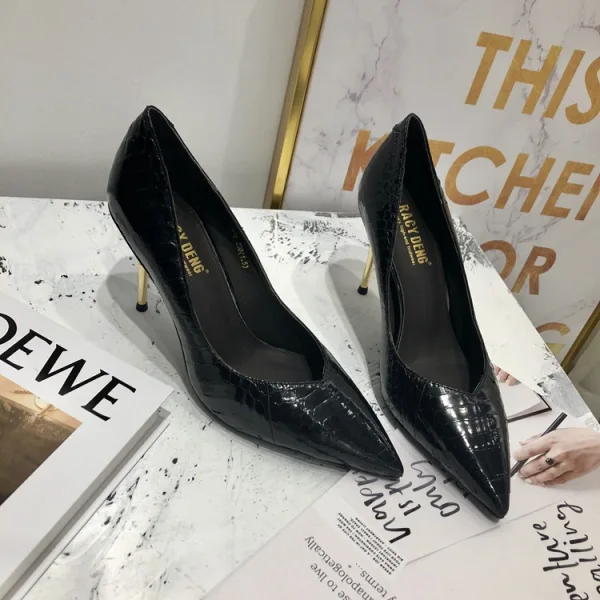 Modest / Simple Black Street Wear Leather Pumps 2020 Snakeskin Print 7 cm Stiletto Heels Pointed Toe Pumps