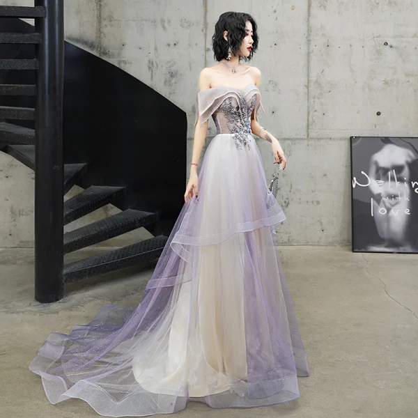 Charmant Violet Glitter Robe De Soirée 2020 Princesse De l'épaule Perlage En Dentelle Fleur Manches Courtes Dos Nu Train De Balayage Robe De Ceremonie