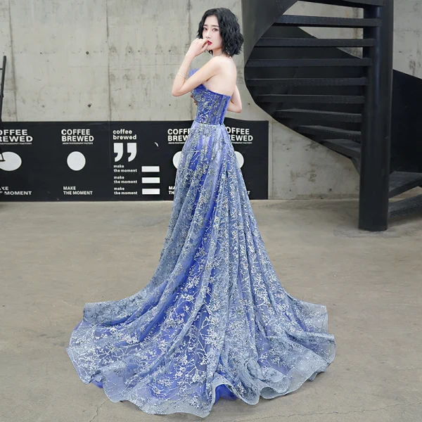 Glitzernden Meeresblau Abendkleider 2020 A Linie Bandeau Glanz Perlenstickerei Pailletten Ärmellos Rückenfreies Hof-Schleppe Festliche Kleider
