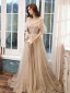 Glamourös Champagner Abendkleider 2020 A Linie Spaghettiträger Perlenstickerei Pailletten Spitze Blumen Ärmellos Rückenfreies Sweep / Pinsel Zug Festliche Kleider