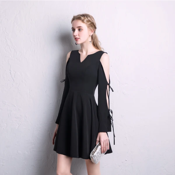 Chic / Beautiful Black Homecoming Graduation Dresses 2020 A-Line / Princess V-Neck 3/4 Sleeve Short Formal Dresses