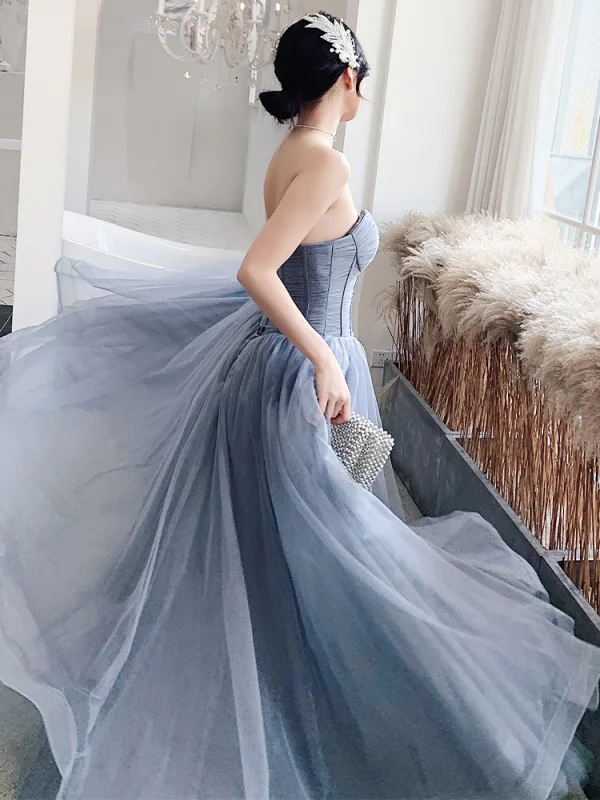Classy Sky Blue Evening Dresses  2020 A-Line / Princess Strapless Sleeveless Backless Floor-Length / Long Formal Dresses