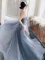 Classy Sky Blue Evening Dresses  2020 A-Line / Princess Strapless Sleeveless Backless Floor-Length / Long Formal Dresses