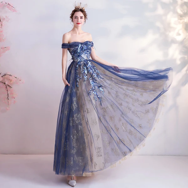 Élégant Bleu Marine Robe De Soirée 2020 Princesse Glitter De l'épaule Perlage En Dentelle Fleur Sans Manches Dos Nu Longue Robe De Ceremonie