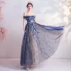 Elegant Navy Blue Evening Dresses  2020 A-Line / Princess Glitter Off-The-Shoulder Beading Lace Flower Sleeveless Backless Floor-Length / Long Formal Dresses