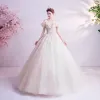 Charming Ivory Wedding Dresses 2020 Ball Gown Off-The-Shoulder Glitter Beading Sequins Lace Flower Appliques Short Sleeve Backless Floor-Length / Long