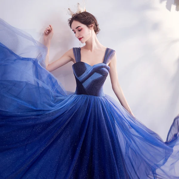 Elegant Ocean Blue Glitter Evening Dresses  2020 A-Line / Princess Spaghetti Straps Sleeveless Backless Floor-Length / Long Formal Dresses