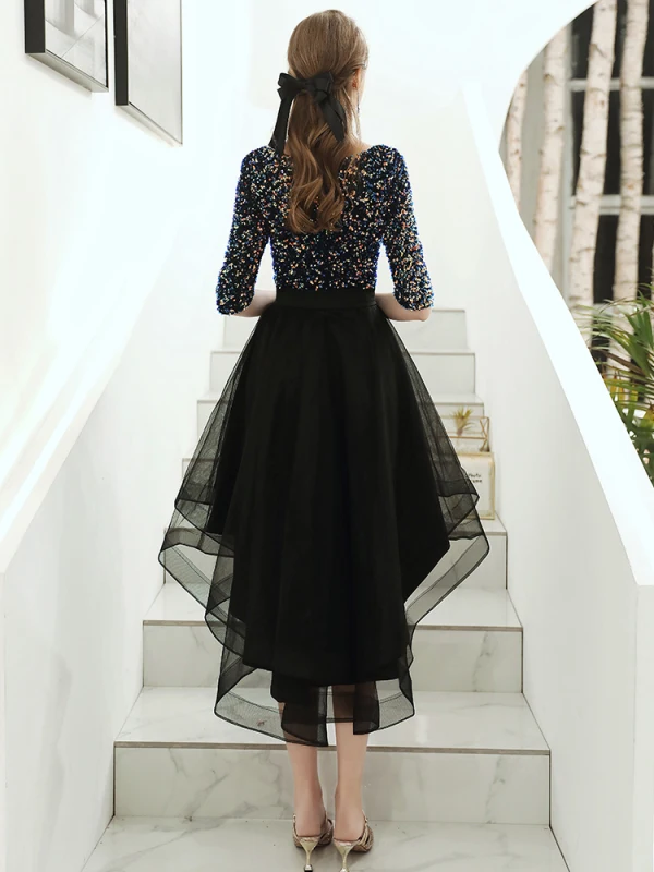 Fashion Black Cocktail Dresses 2020 A-Line / Princess V-Neck Sequins Bow 1/2 Sleeves Asymmetrical Formal Dresses
