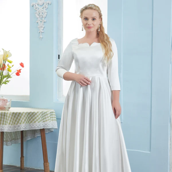 Schlicht Ivory / Creme Satin Übergröße Brautkleider / Hochzeitskleider 2021 A Linie Eckiger Ausschnitt 3/4 Ärmel Lange Hochzeit