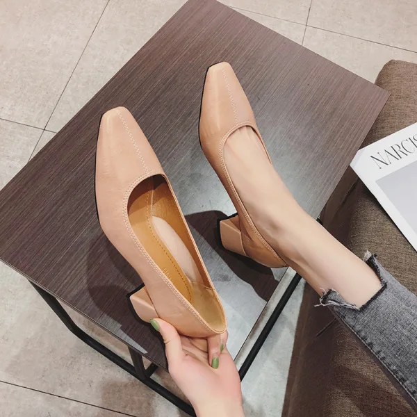 Enkla Aprikos / Beige Kontors OL Pumps 2020 5 cm Tjocka Klackar Fyrkantiga Tå Pumps