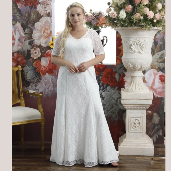 Chic / Beautiful Ivory Lace Flower Plus Size Wedding Dresses 2021 Trumpet / Mermaid V-Neck Short Sleeve Floor-Length / Long Wedding