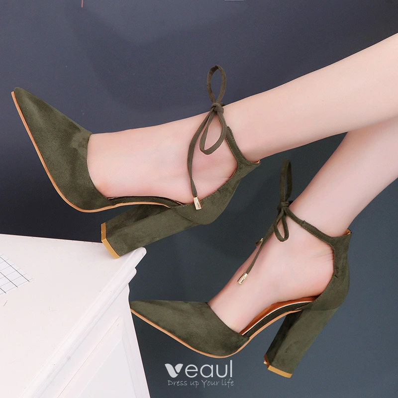 Affordable Nude Casual Womens Shoes 2020 Suede Ankle Strap 10 cm Thick Heels Pointed Toe Heels