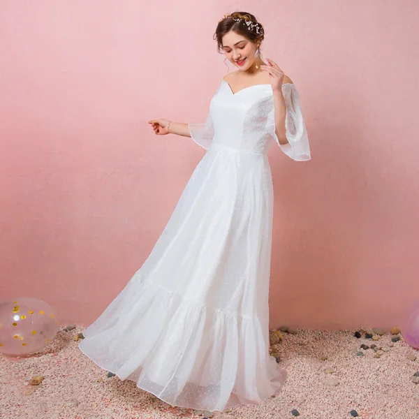 Modest / Simple White Plus Size Wedding Dresses 2021 A-Line / Princess Off-The-Shoulder 1/2 Sleeves Backless Floor-Length / Long Wedding