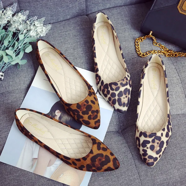 Affordable Khaki Leopard Print Casual Womens Shoes 2020 Pointed Toe Flat Heels