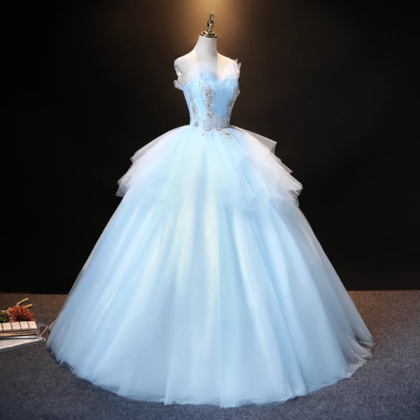 Élégant Bleu Ciel Robe De Bal 2021 Robe Boule Bretelles Spaghetti Perle Faux Diamant En Dentelle Fleur Sans Manches Dos Nu Longue Promo Robe De Ceremonie