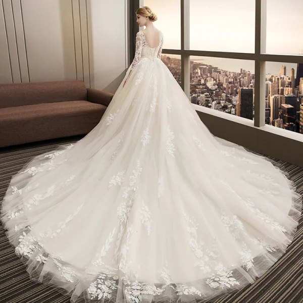 Chic / Beautiful Champagne Wedding Dresses 2018 Ball Gown Lace Appliques Sequins Scoop Neck Backless 3/4 Sleeve Cathedral Train Wedding