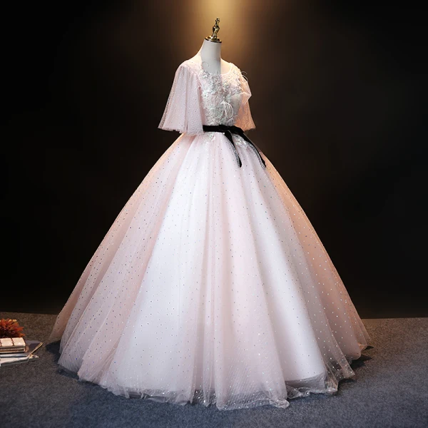 Elegant Blushing Pink Pearl Rhinestone Lace Flower Prom Dresses Ball Gown Backless 2021 Scoop Neck Bow Sash 1/2 Sleeves Floor-Length / Long Prom Formal Dresses