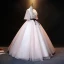 Elegant Blushing Pink Pearl Rhinestone Lace Flower Prom Dresses Ball Gown Backless 2021 Scoop Neck Bow Sash 1/2 Sleeves Floor-Length / Long Prom Formal Dresses