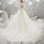 Chic / Belle Champagne Robe De Mariée 2018 Princesse En Dentelle Appliques Paillettes Encolure Dégagée Dos Nu 3/4 Manches Cathedral Train Mariage