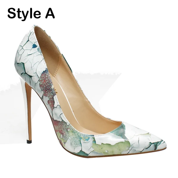 Unique Weiß Strassenmode Gekritzel Pumps 2020 12 cm Stilettos Spitzschuh Pumps