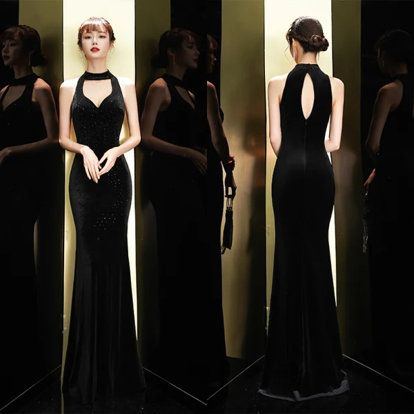 Sexy Dark Green Suede Evening Dresses 2020 Trumpet / Mermaid Scoop Neck Rhinestone Sleeveless Floor-Length / Long Formal Dresses