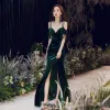 Charming Black Suede Evening Dresses  2020 Trumpet / Mermaid Spaghetti Straps Beading Tassel Short Sleeve Backless Split Front Floor-Length / Long Formal Dresses