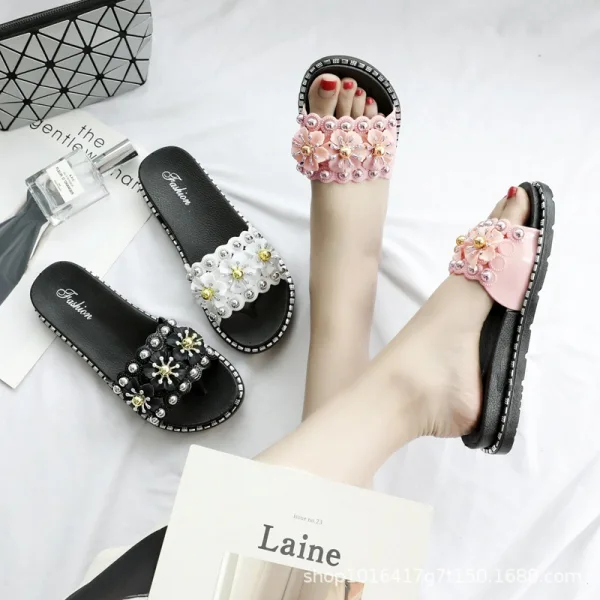 Abordable Rougissant Rose Désinvolte Plage Pantoufle & Tongs 2020 Fleur Perle Paillettes Peep Toes / Bout Ouvert Plate Chaussures Femmes
