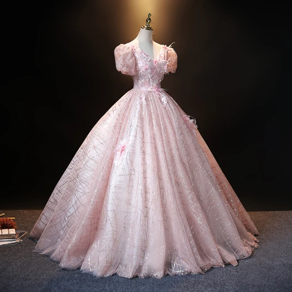 Vintage / Originale Rougissant Rose Perle Paillettes En Dentelle Fleur Robe De Bal Robe Boule 2021 V-Cou Gonflée Manches Courtes Dos Nu Longue Promo Robe De Ceremonie