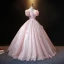Vintage / Originale Rougissant Rose Perle Paillettes En Dentelle Fleur Robe De Bal Robe Boule 2021 V-Cou Gonflée Manches Courtes Dos Nu Longue Promo Robe De Ceremonie