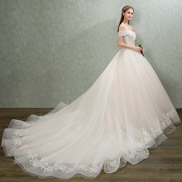 Elegant Champagne Wedding Dresses 2018 Ball Gown Lace Flower Bow Sequins Off-The-Shoulder Backless Sleeveless Cathedral Train Wedding