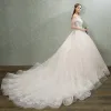 Elegant Champagne Wedding Dresses 2018 Ball Gown Lace Flower Bow Sequins Off-The-Shoulder Backless Sleeveless Cathedral Train Wedding